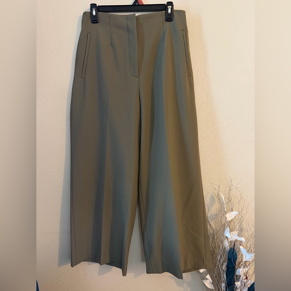 Zara Olive Green Cropped Wide-Leg Trousers